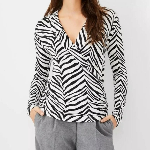 Ann Taylor Tops - Ann Taylor Zebra Print Shawl Collar Wrap Blouse Top